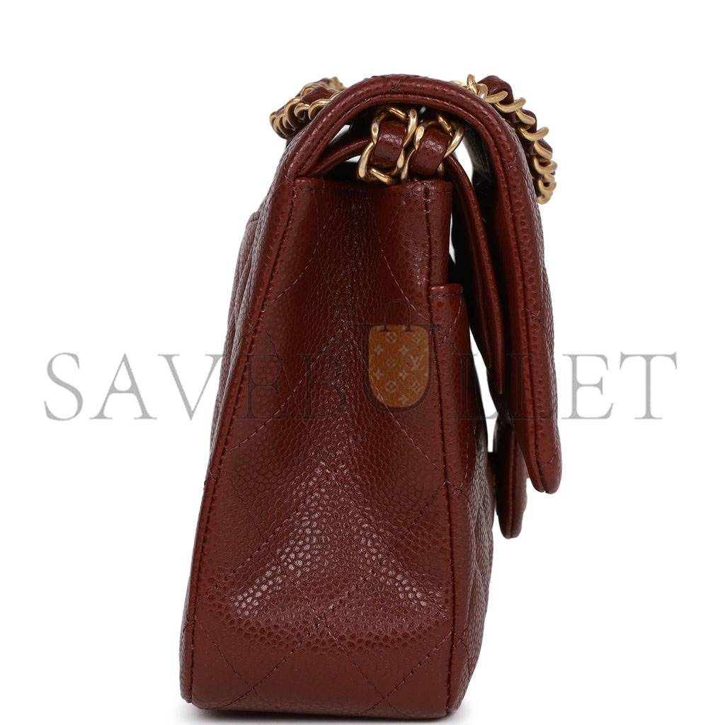 Ch*el medium classic double flap bag burgundy caviar antique gold hardware (25*15*7cm)