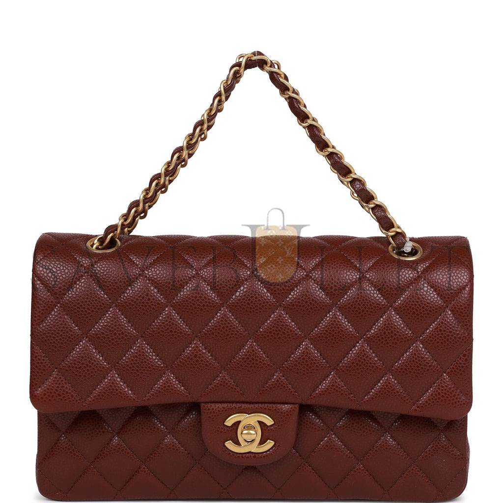 Ch*el medium classic double flap bag burgundy caviar antique gold hardware (25*15*7cm)