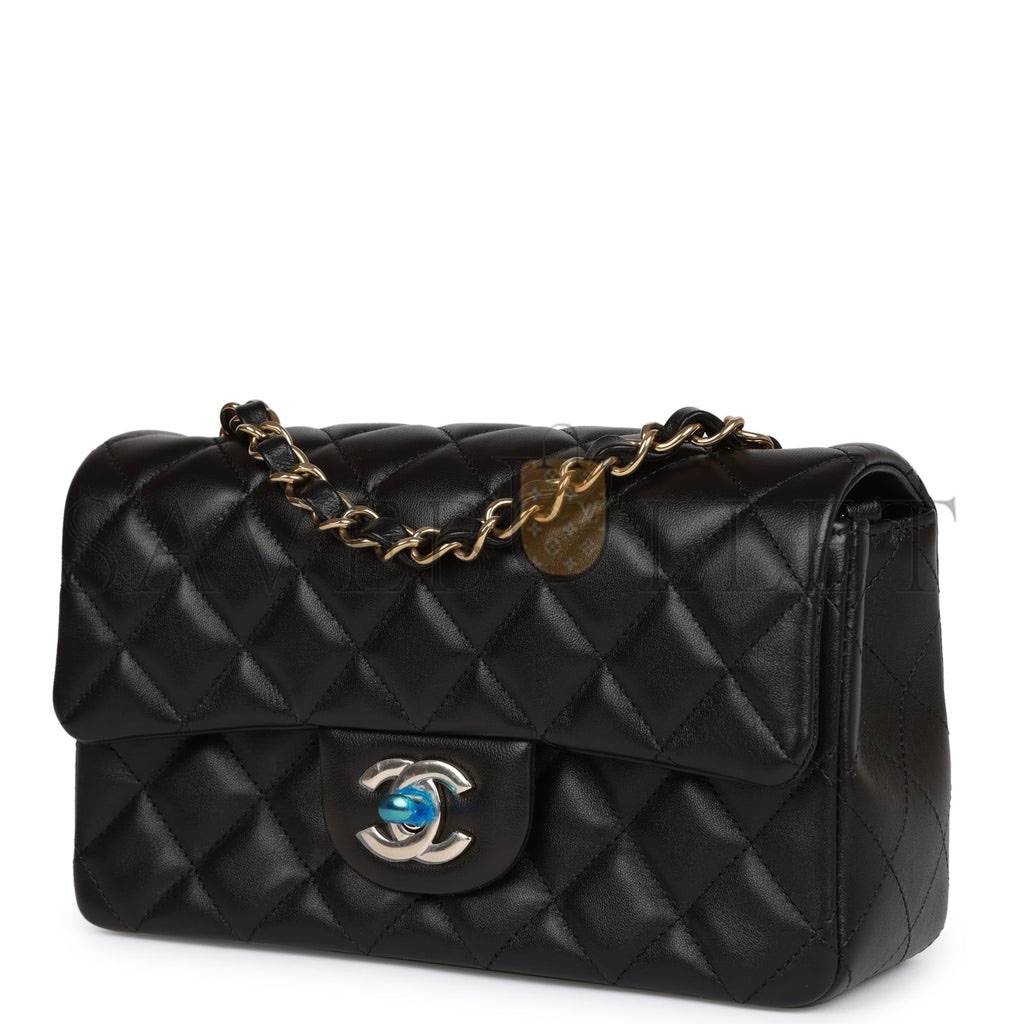 Ch*el mini rectangular flap bag black lambskin light gold hardware (20*13*6cm)