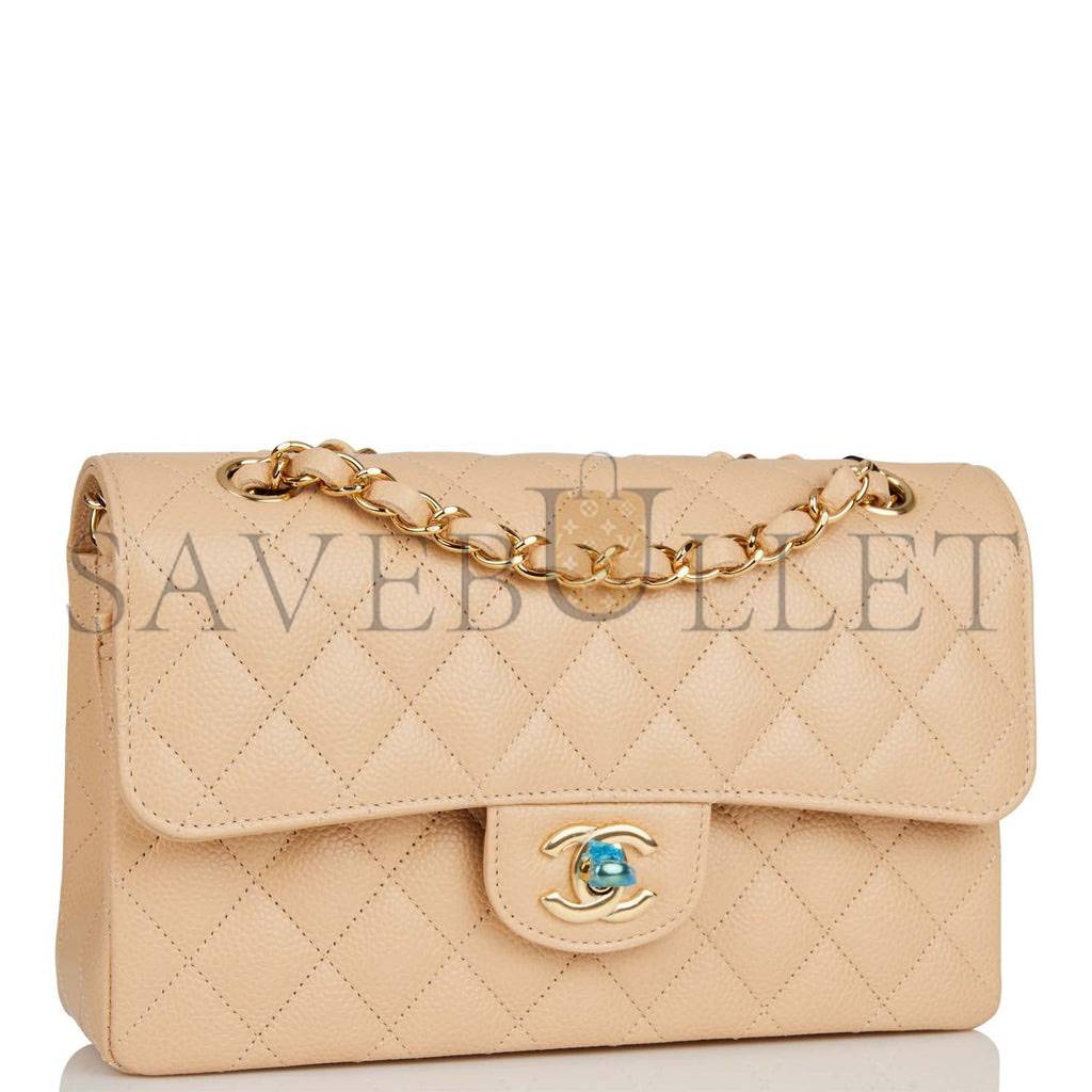 Ch*el small classic double flap bag beige caviar gold hardware (23*13*6cm)