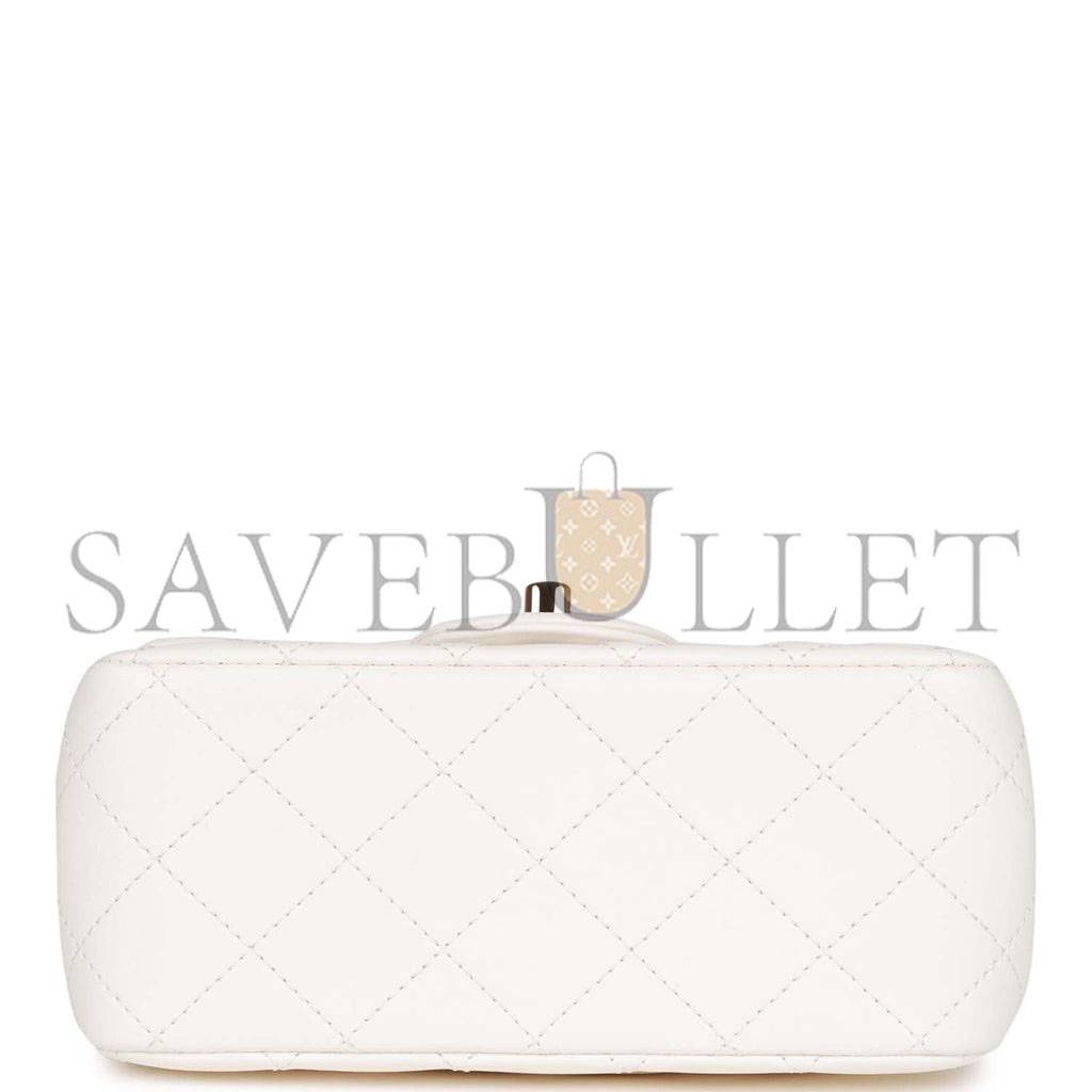 Ch*el pearl crush mini square flap bag white lambskin light gold hardware (17*14*8cm)
