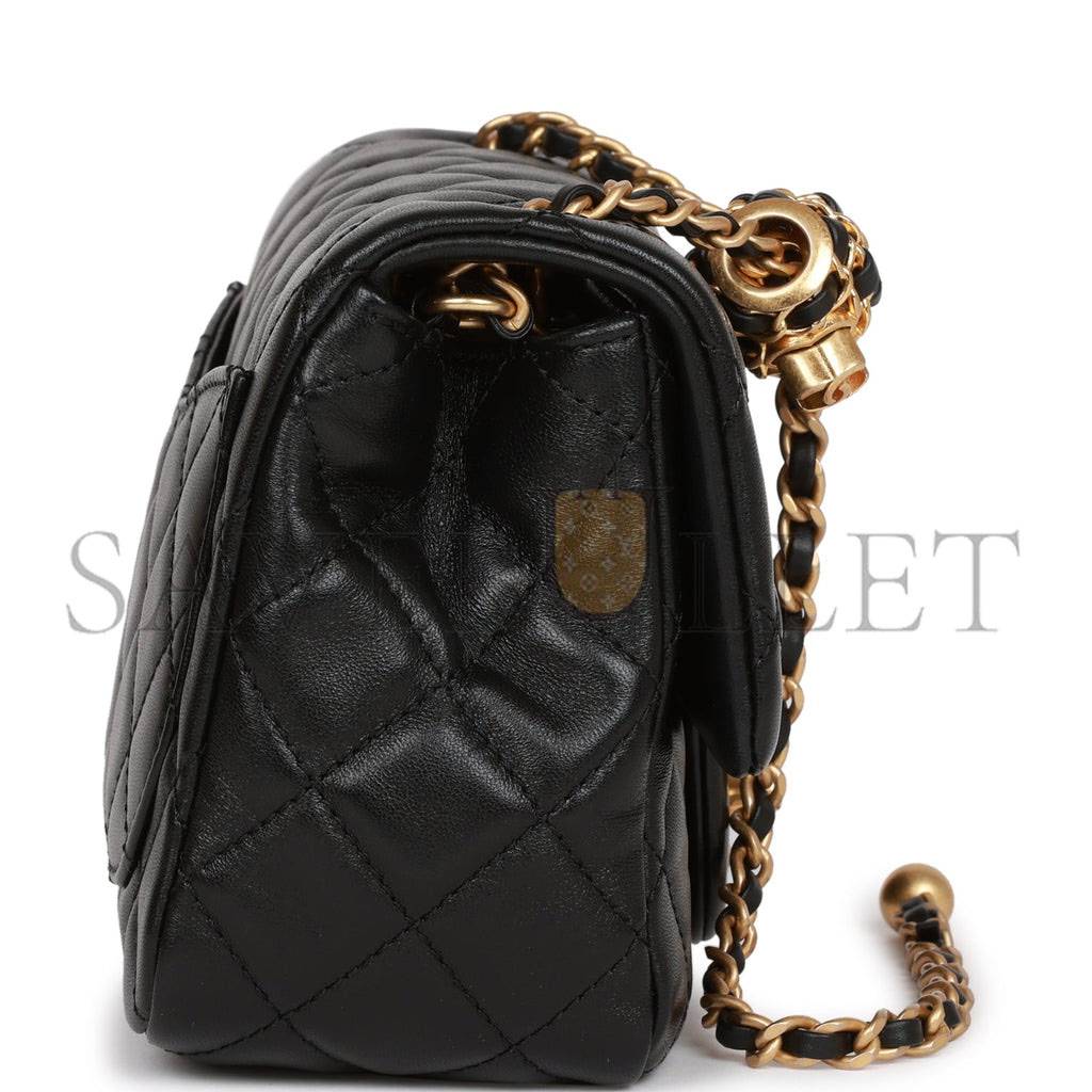 Ch*el pearl crush mini square flap bag black lambskin antique gold hardware (17*14*8cm)
