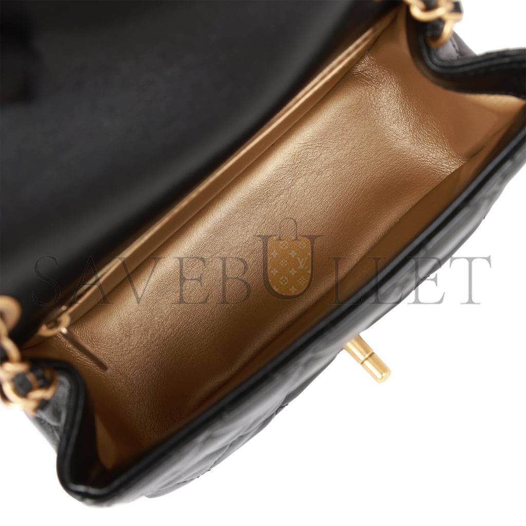 Ch*el pearl crush mini square flap bag black lambskin antique gold hardware (17*14*8cm)