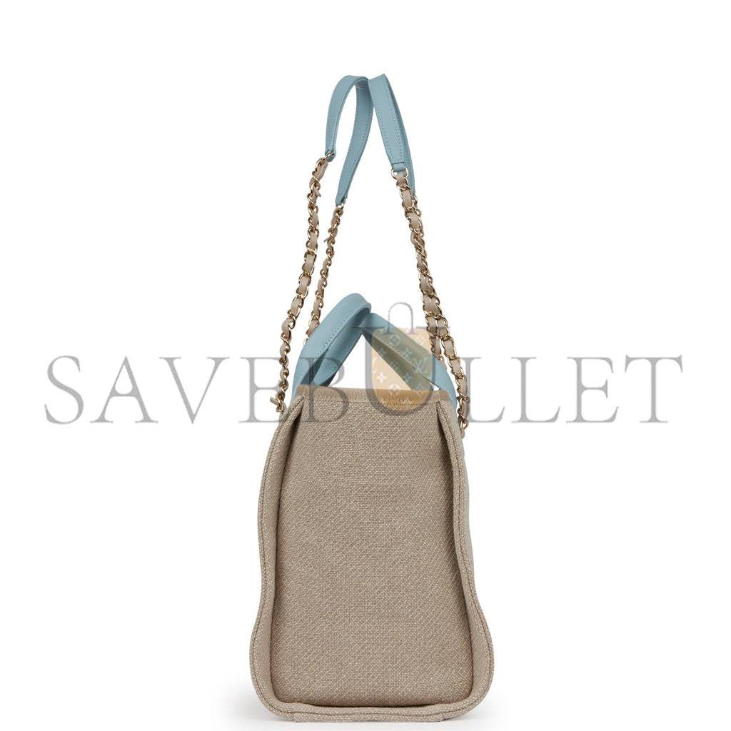 Ch*el small deauville shopping bag blue and beige boucle light gold hardware (34*27*15cm)