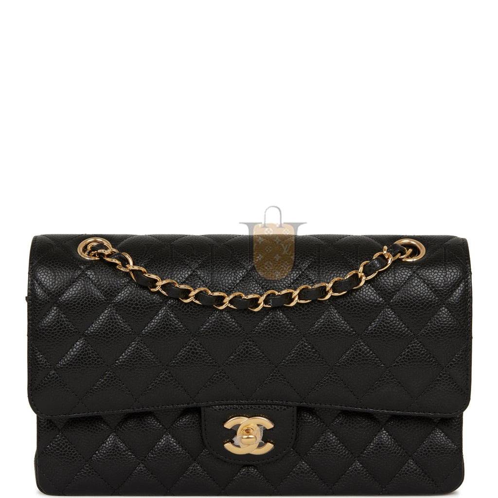 Ch*el medium classic double flap bag black quilted caviar gold hardware (25*15*7cm)
