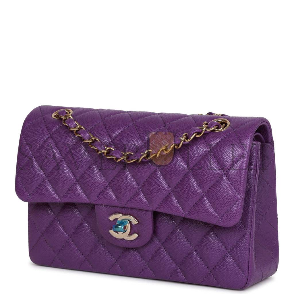 Ch*el small classic double flap purple caviar light gold hardware (23*13*6cm)