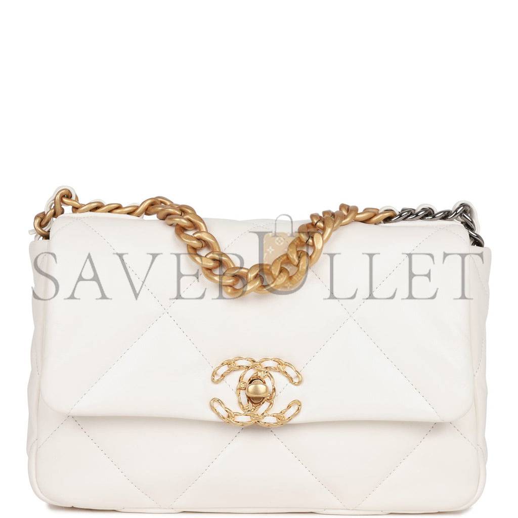 Ch*el medium 19 flap bag white calfskin mixed hardware (25*16*9cm)