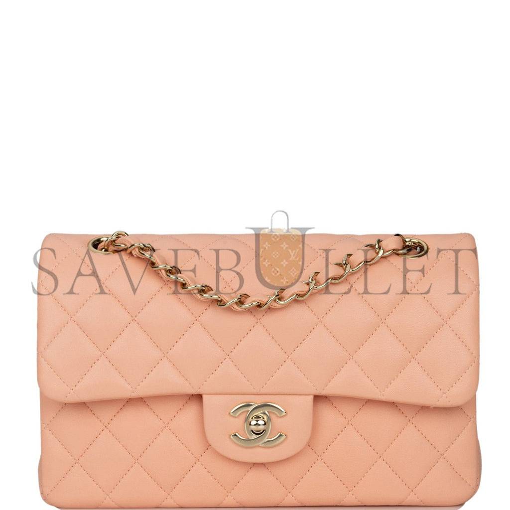 Ch*el small classic double flap peach lambskin light gold hardware (23*13*6cm)