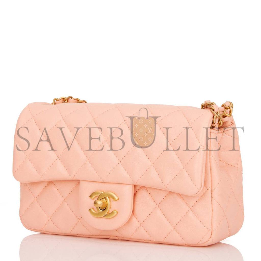 Ch*el pearl crush mini rectangular flap bag peach lambskin antique gold hardware (20*13*6cm)