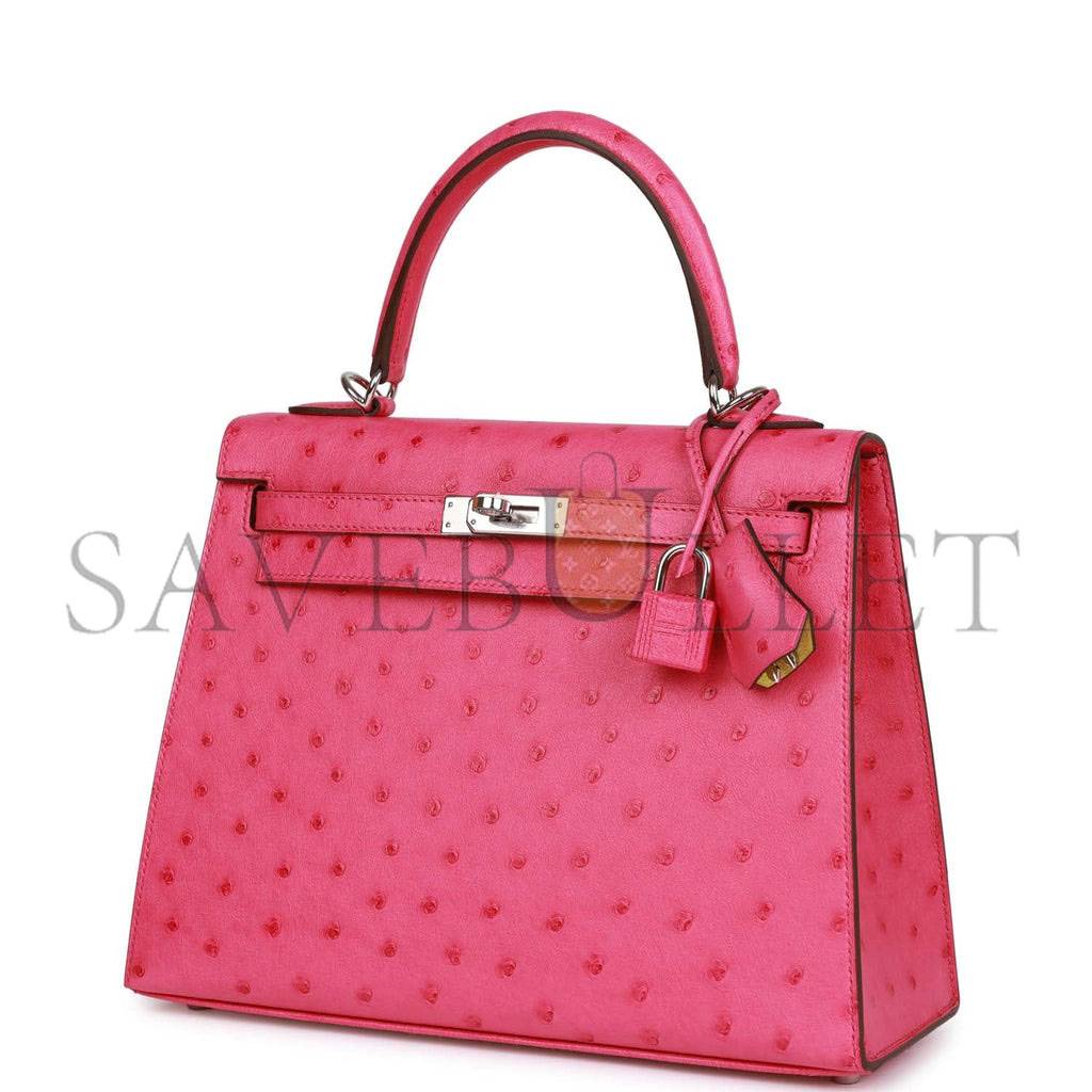 H**mes special order (hss) kelly sellier 25 rose tyrien verso ostrich palladium hardware handmade (25*17*7cm)