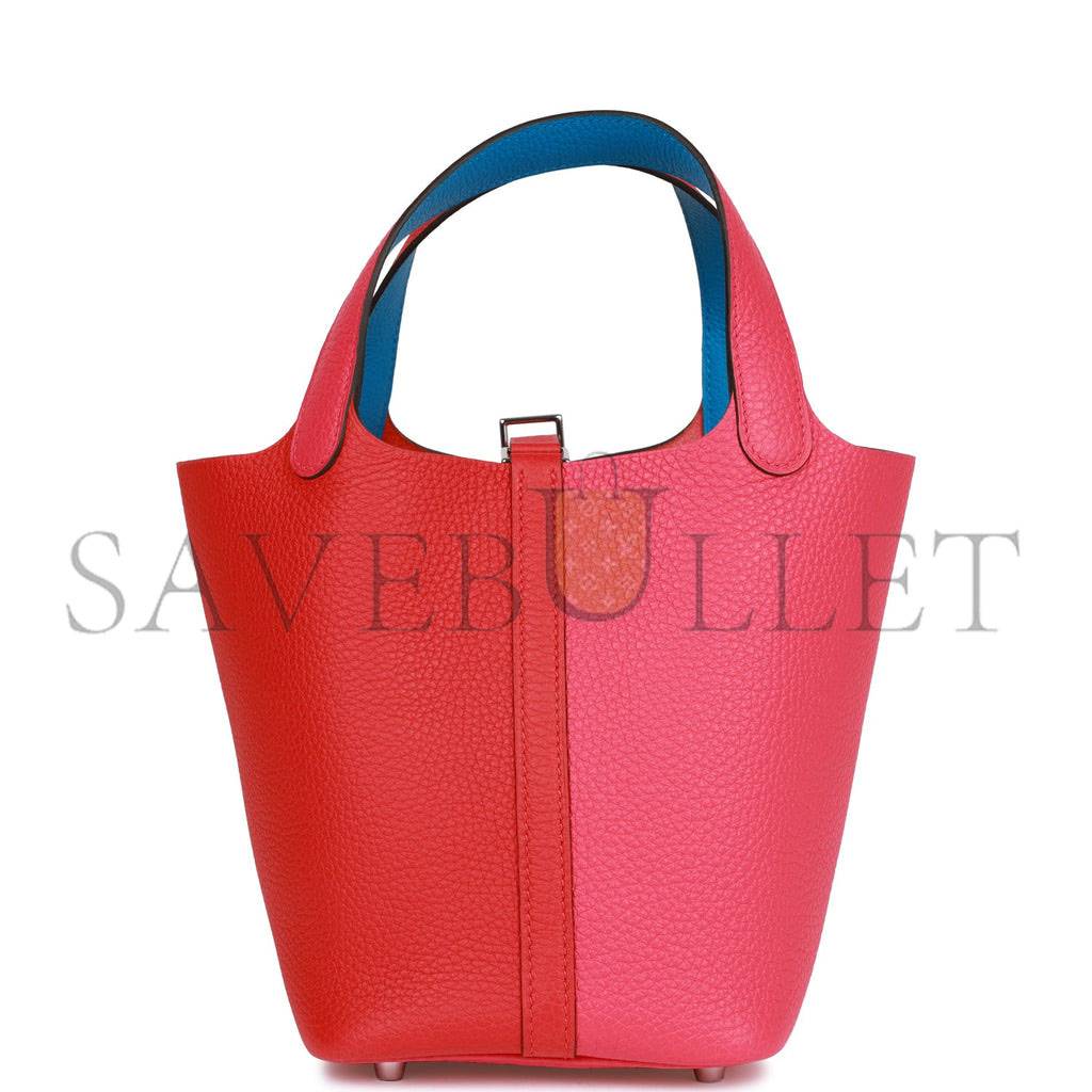 H**mes picotin lock 18 casaque rouge de coeur, rose extreme and bleu zanzibar clemence palladium hardware (18*13*18cm)