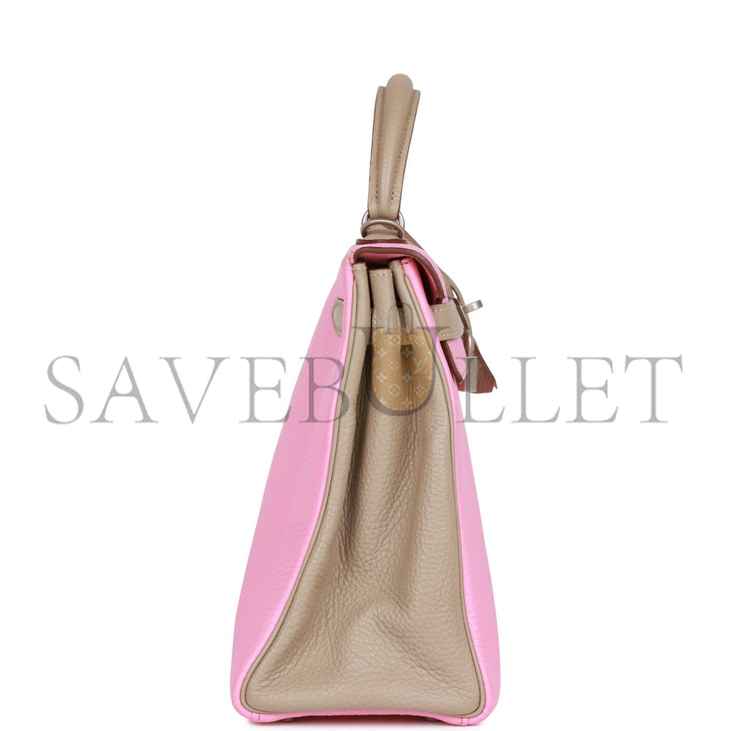 H**mes special order (hss) kelly retourne 32 bubblegum and gris tourterelle clemence brushed palladium hardware (32*23*10.5cm)