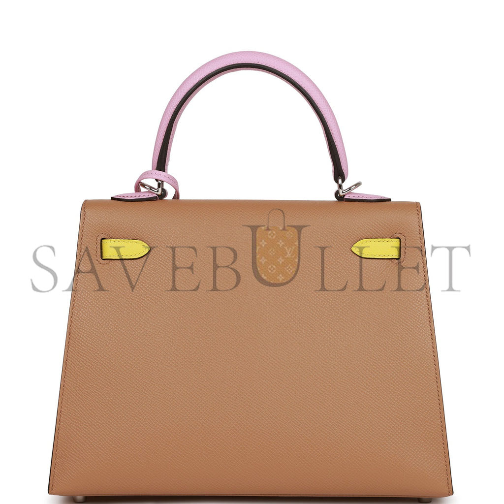 H**mes kelly sellier 25 tri-color chai, lime and mauve sylvestre epsom palladium hardware(25*17*7cm)