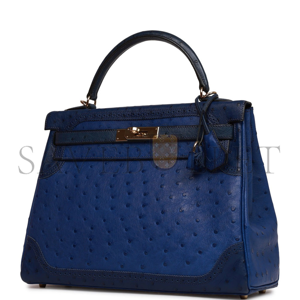 H**mes ghillies kelly retourne 32 bleu saphir, bleu iris and bleu de malte ostrich permabrass hardware (32cm)