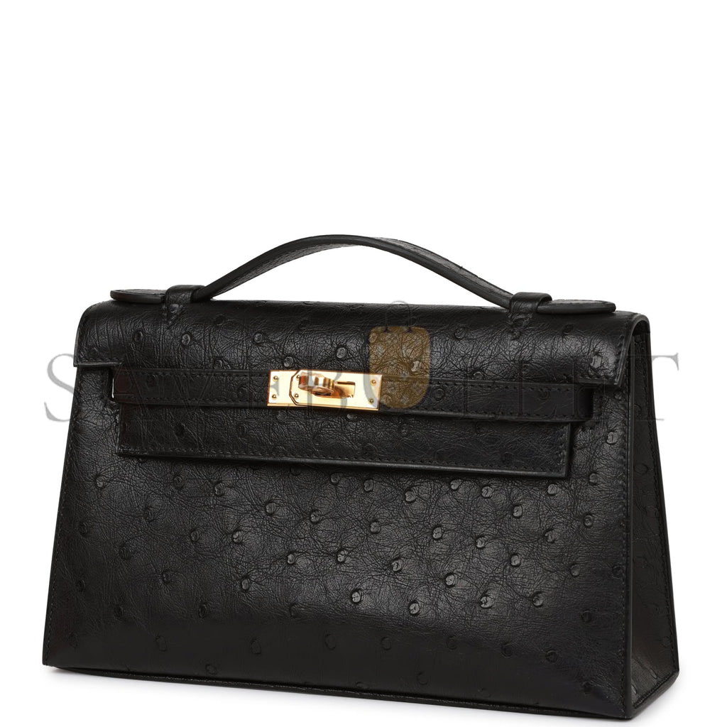 H**mes kelly pochette black ostrich gold hardware (22*12*13cm)