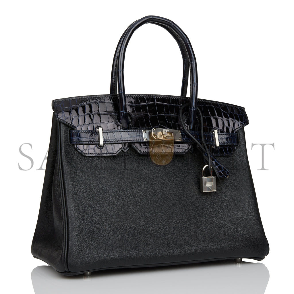 H**mes birkin 25 bleu marine shiny niloticus crocodile pattern and black novillo touch palladium hardware (25cm)