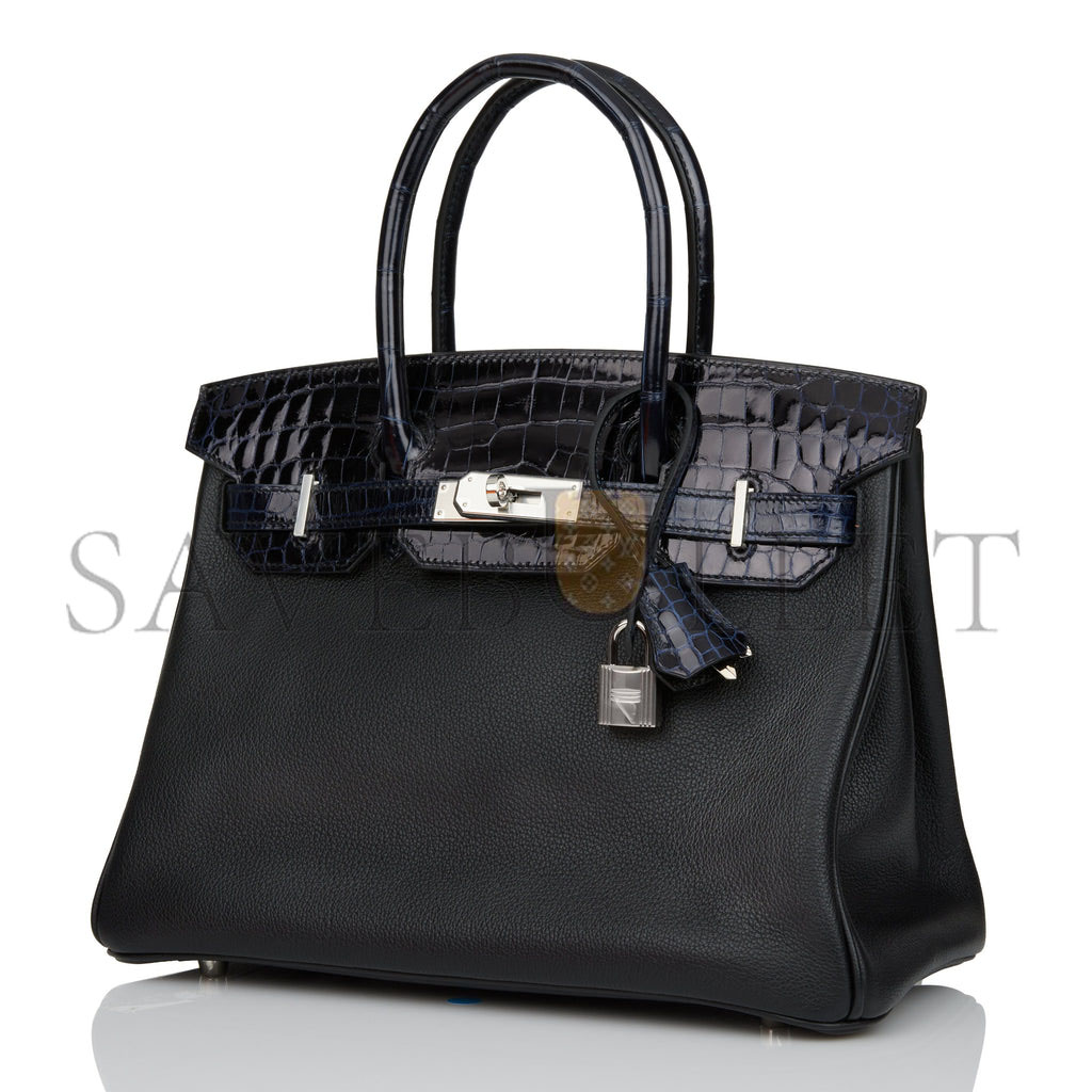 H**mes birkin 25 bleu marine shiny niloticus crocodile pattern and black novillo touch palladium hardware (25cm)