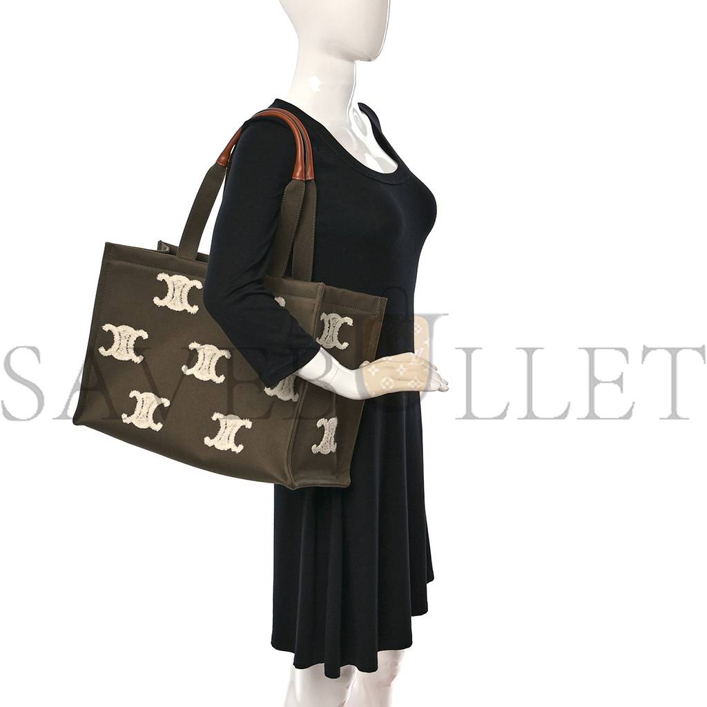 Ce**e canvas calfskin embroidered triomphe large cabas thais khaki tan (41*29*17cm)