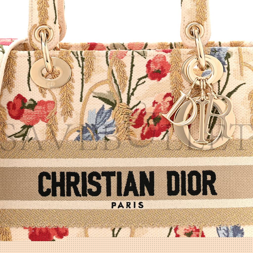 D*or canvas embroidered hibiscus printed medium lady d-lite beige multicolor (23*20*11.4cm)