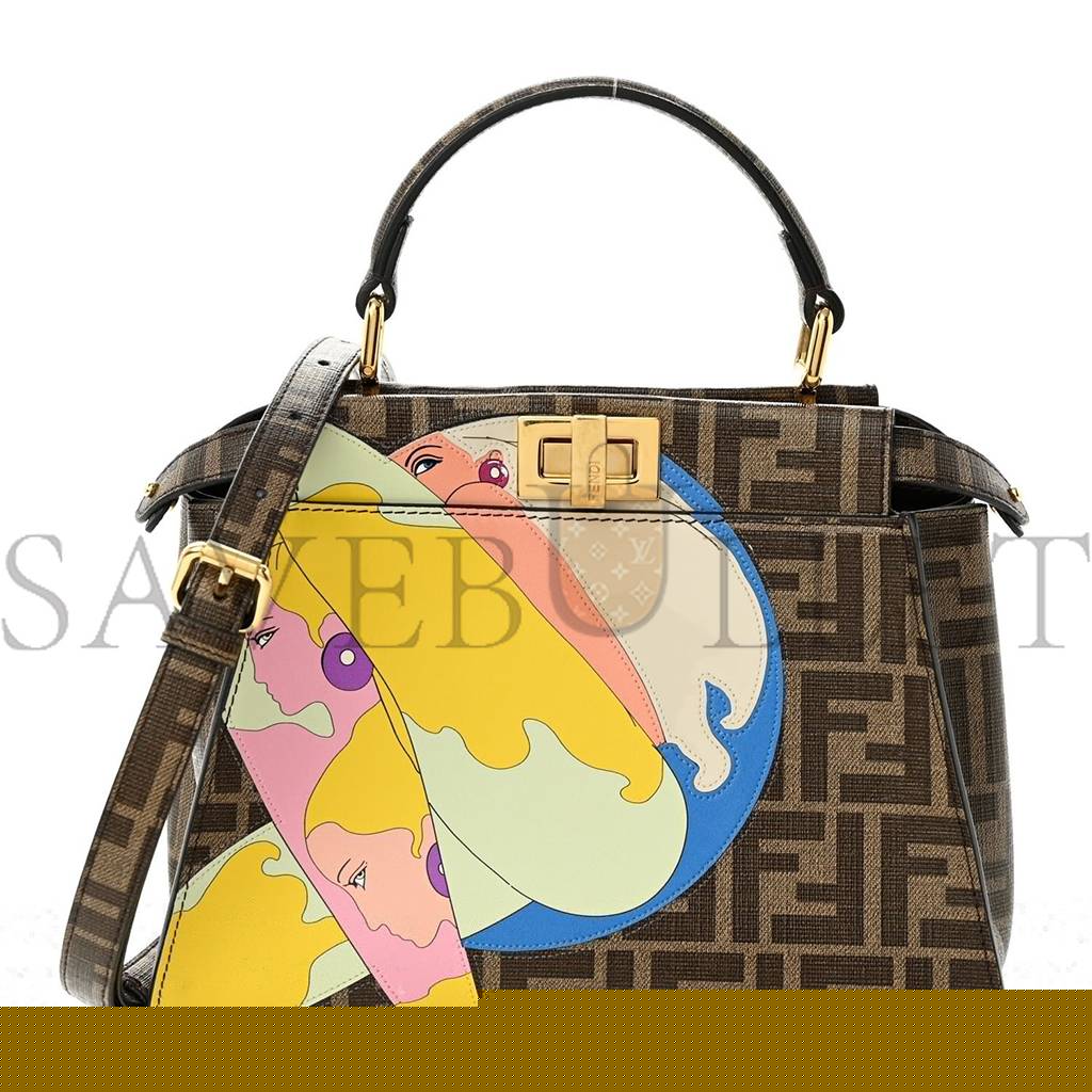 F**di glazed fabric vitello ff 1974 hairdo girls inlay mini peekaboo iconic satchel mogano panna multicolor (23*18*13cm)